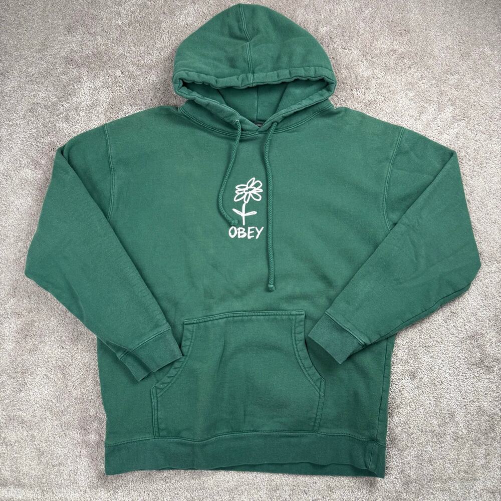Obey Worldwide Size L Green Daisy Flower Pullover Hoodie Streetwear Skate